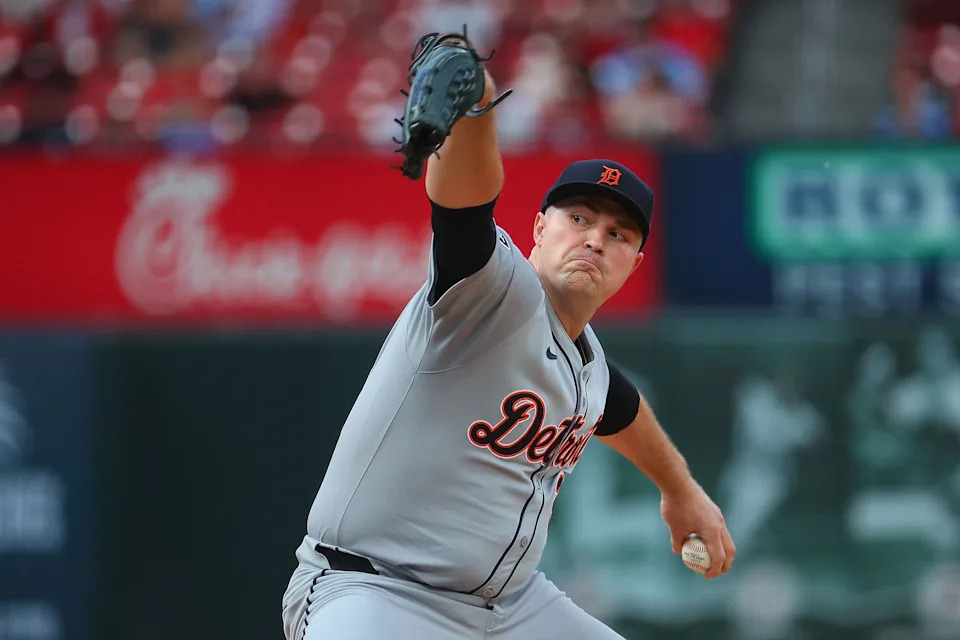 Tarik Skubal of the Detroit Tigers pitches against the St. Louis Cardinals in the first inning at Busch Stadium in St. Louis on Tuesday, May 20, 2025.