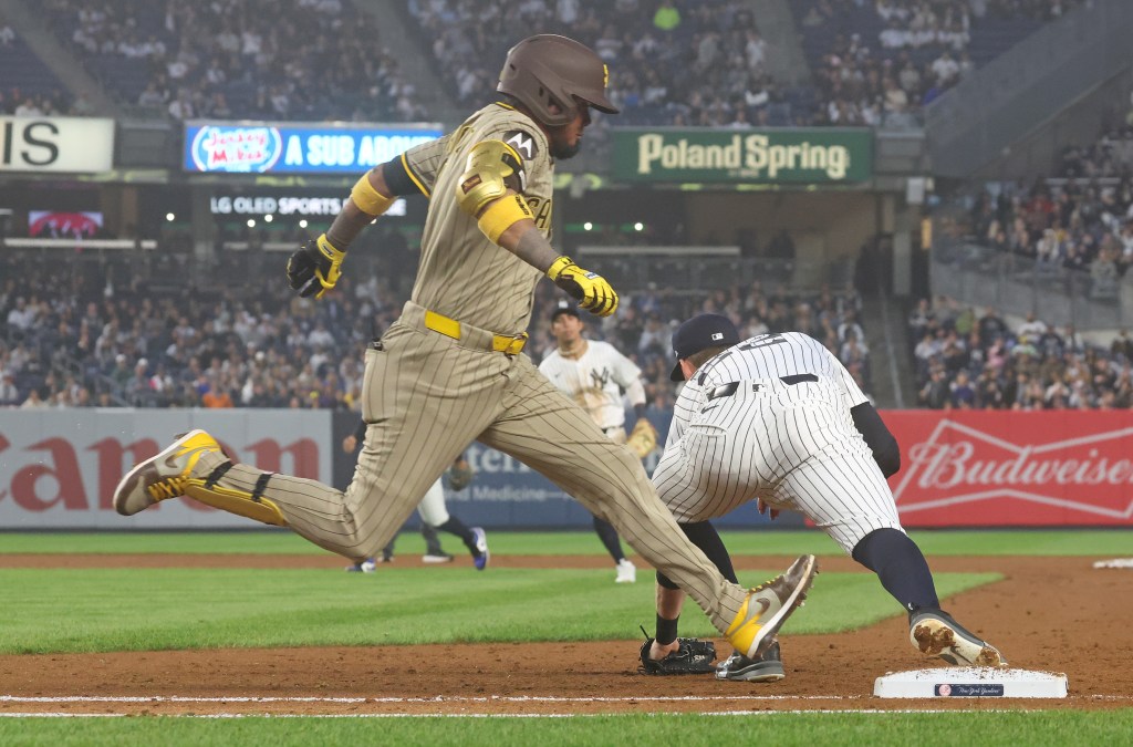Yankees first base Ben Rice (22) completes a double play ending the third inning when the New York Yankees played the San Diego Padres Tuesday, May 6, 2025.