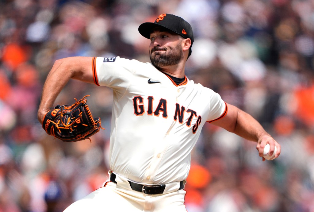 Robbie Ray #38 of the San Francisco Giants pitches against the Texas Rangers in the top of the first inning at Oracle Park on April 26, 2025 in San Francisco, California. 