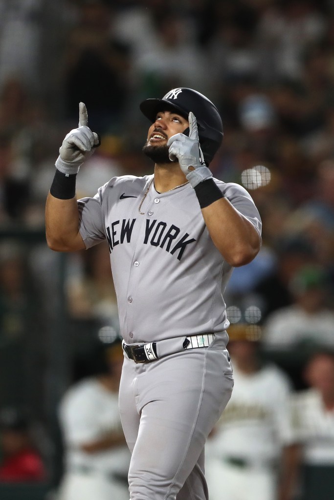 Jasson Domínguez #24 of the New York Yankees celebrates his second home run of the day during the seventh inning against the Athletics at Sutter Health Park on May 09, 2025 in Sacramento, California.