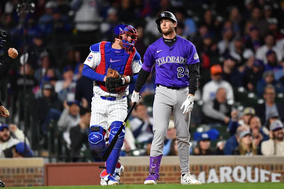 May 27, 2025; Chicago, Illinois, USA; Colorado Rockies third baseman Ryan McMahon (24) reacts after striking out during the eleventh inning against the Chicago Cubs at Wrigley Field. Mandatory Credit: Patrick Gorski-Imagn Images