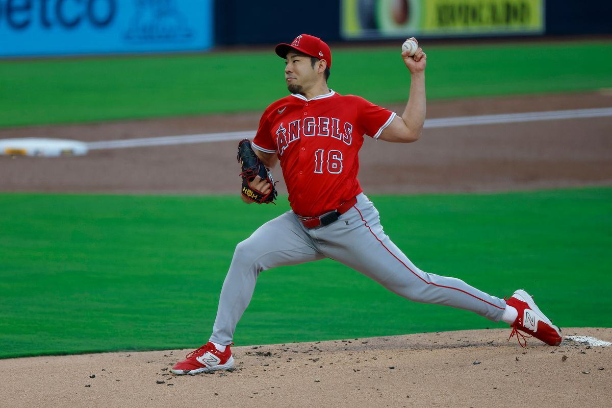 Yusei Kikuchi #16 of the Los Angeles Angels throws a pitch in the first inning during a game against the San Diego Padres at Petco Park on May 12, 2025 in San Diego, California.