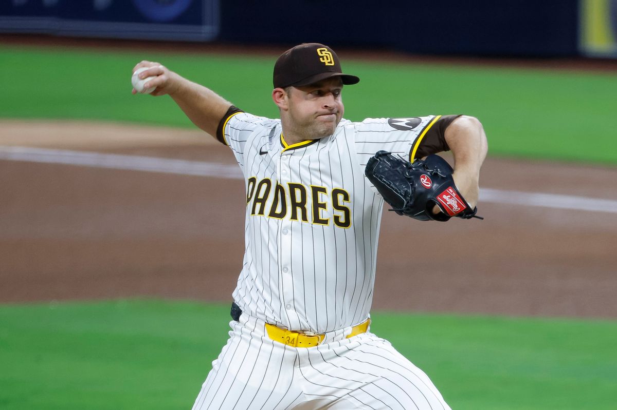 Michael King #34 of the San Diego Padres throws a pitch during a game against the Los Angeles Angels at Petco Park on May 12, 2025 in San Diego, California.