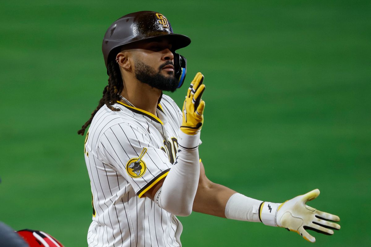 Fernando Tatis Jr. #23 of the San Diego Padres celebrates a home run during a game against the Los Angeles Angels at Petco Park on May 12, 2025 in San Diego, California.