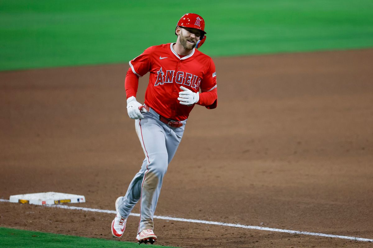 Taylor Ward #3 of the Los Angeles Angels rounds the bases after hitting a grand slam in the ninth inning against the San Diego Padres at Petco Park on May 12, 2025 in San Diego, California.