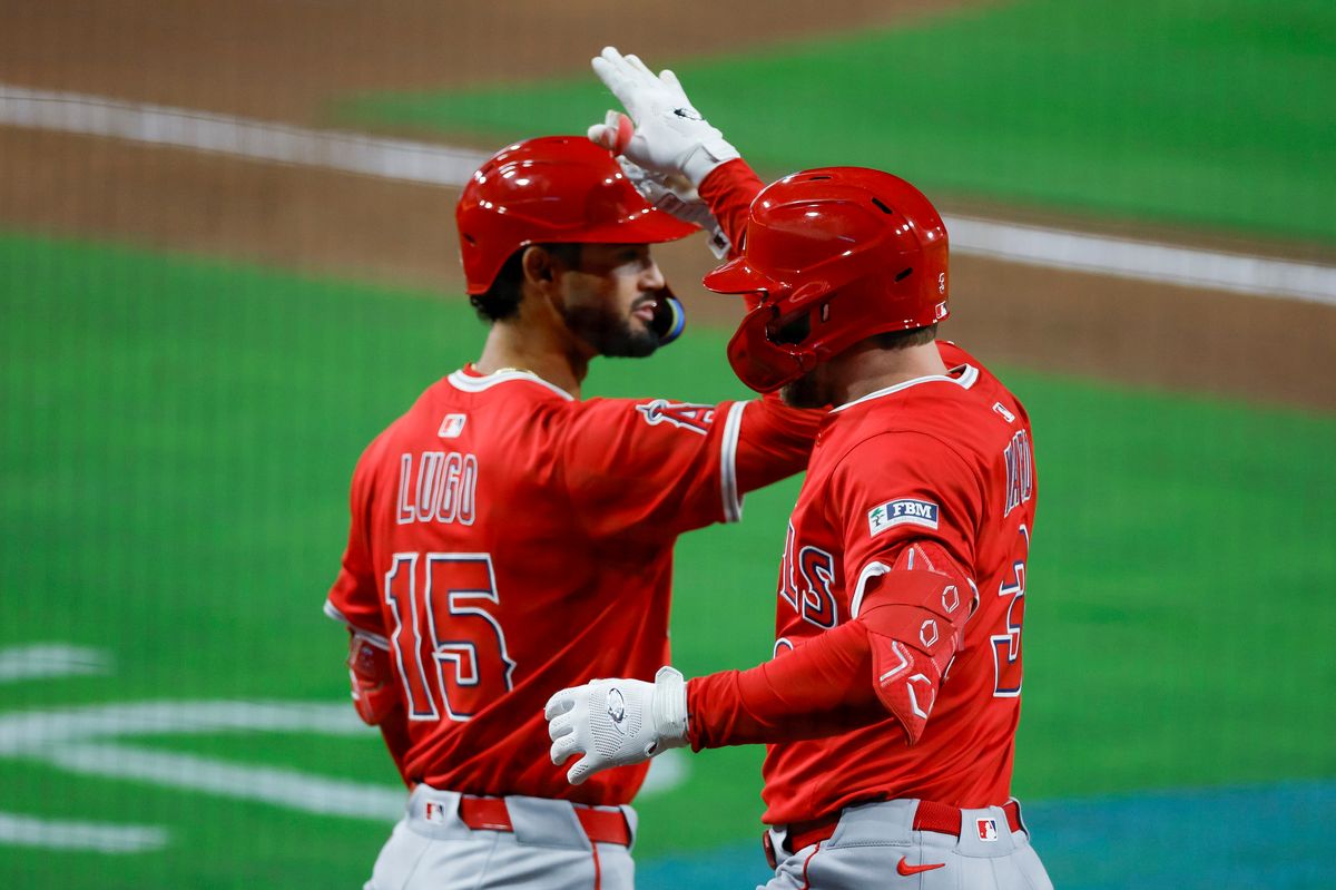 Taylor Ward #3 of the Los Angeles Angels celebrates after hitting a grand slam in the ninth inning against the San Diego Padres at Petco Park on May 12, 2025 in San Diego, California.