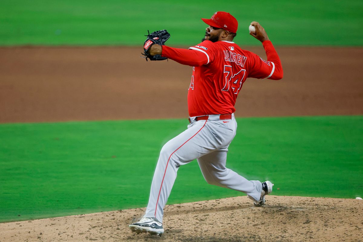 Kenley Jansen #74 of the Los Angeles Angels throws a pitch during the ninth inning against the San Diego Padres at Petco Park on May 12, 2025 in San Diego, California.