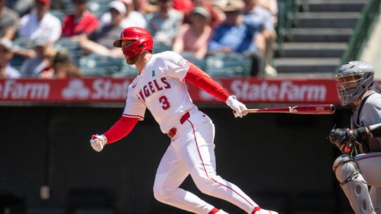 Los Angeles Angels outfielder Taylor Ward (3) hits the balll during the game against the Miami Marlins on Sunday, May 25, 2025, at Angel Stadium in Anaheim, CA. Los Angeles Angels outfielder Taylor Ward (3) hits the balll during the game against the Miami Marlins on Sunday, May 25, 2025, at Angel Stadium in Anaheim, CA.
