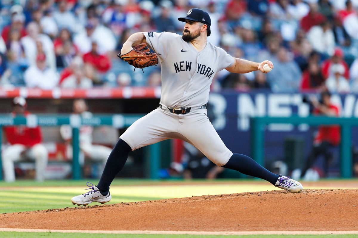Carlos Rodón #55 of the New York Yankees pitches during the game against the Los Angeles Angels at Angel Stadium of Anaheim on May 27, 2025 in Anaheim, California.