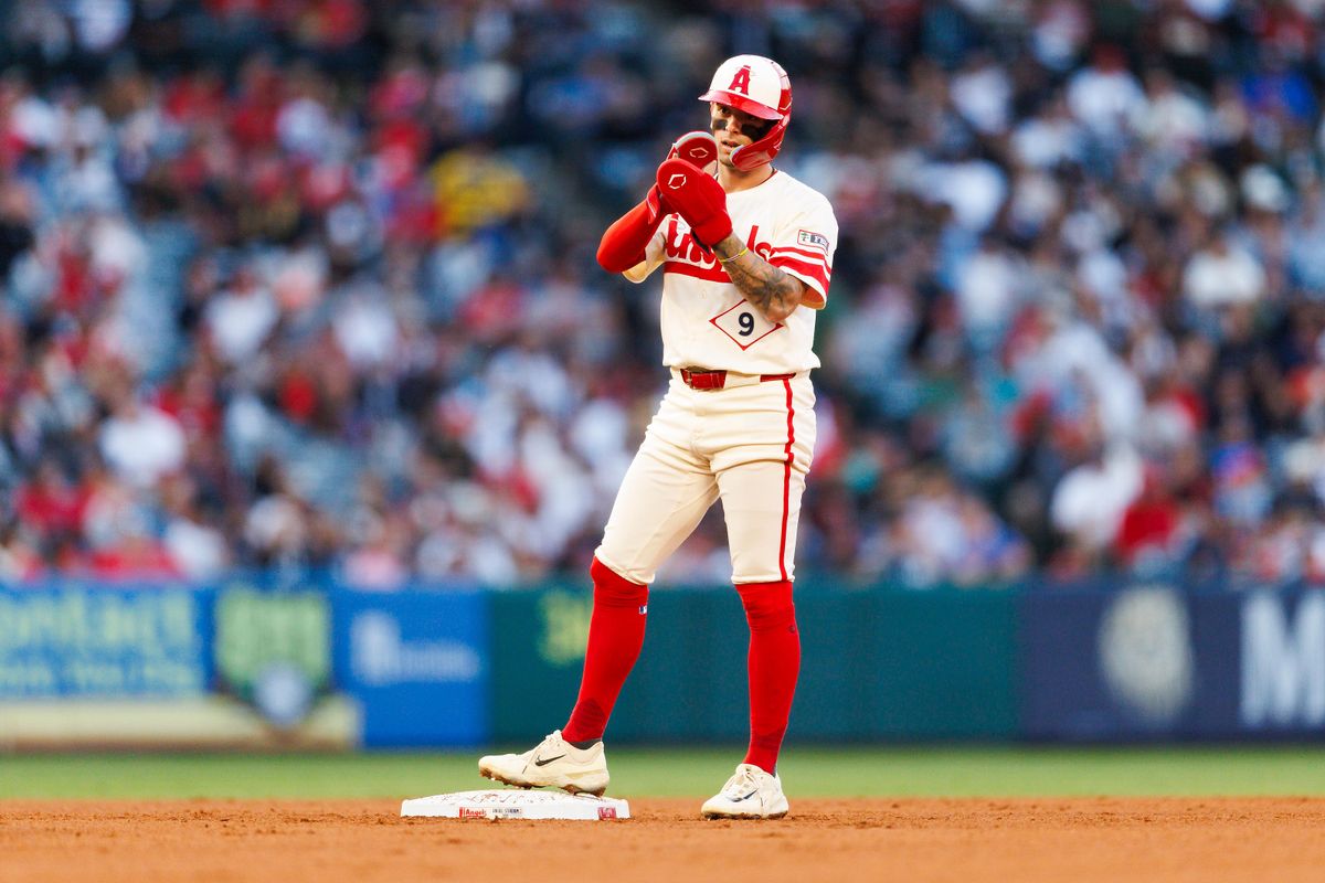 Zach Neto #9 of the Los Angeles Angels celebrates his double during the game against the Los Angeles Angels at Angel Stadium of Anaheim on May 27, 2025 in Anaheim, California.