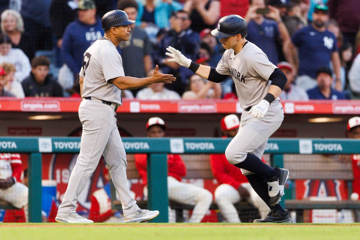 Ben Rice #22 of the New York Yankees celebrates his home run during the game against the Los Angeles Angels at Angel Stadium of Anaheim on May 27, 2025 in Anaheim, California.