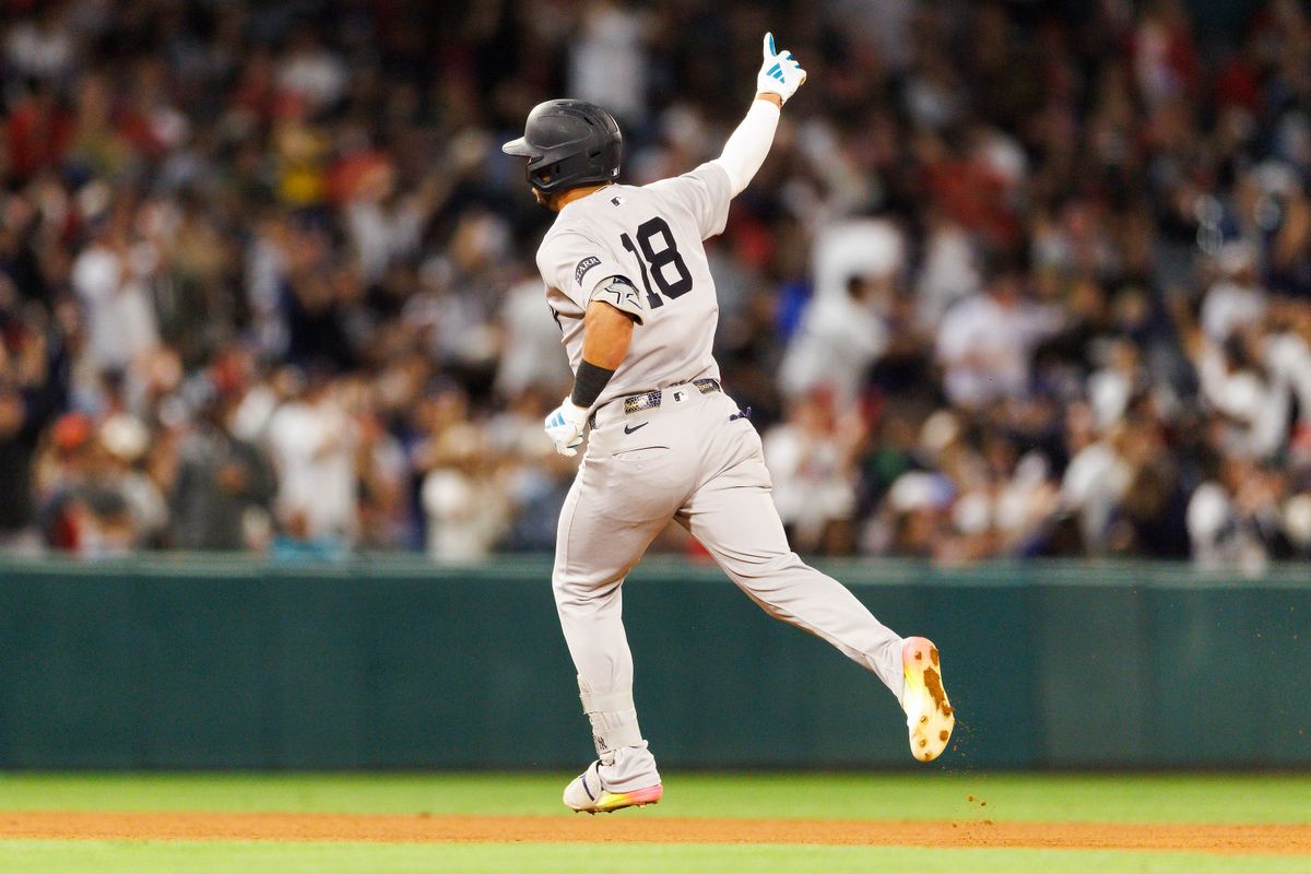 Oswald Peraza #18 of the New York Yankees celebrates his home run during the game against the Los Angeles Angels at Angel Stadium of Anaheim on May 27, 2025 in Anaheim, California.