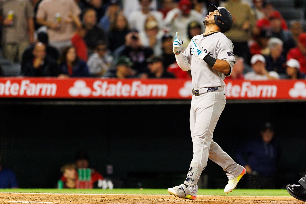 Oswald Peraza #18 of the New York Yankees celebrates his home run during the game against the Los Angeles Angels at Angel Stadium of Anaheim on May 27, 2025 in Anaheim, California.