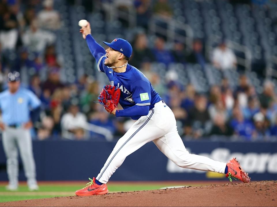 Jose Berríos (17) of the Toronto Blue Jays delivers a pitch in the first inning during a game against the Tampa Bay Rays at Rogers Centre on Tuesday, May 13, 2025, in Toronto.