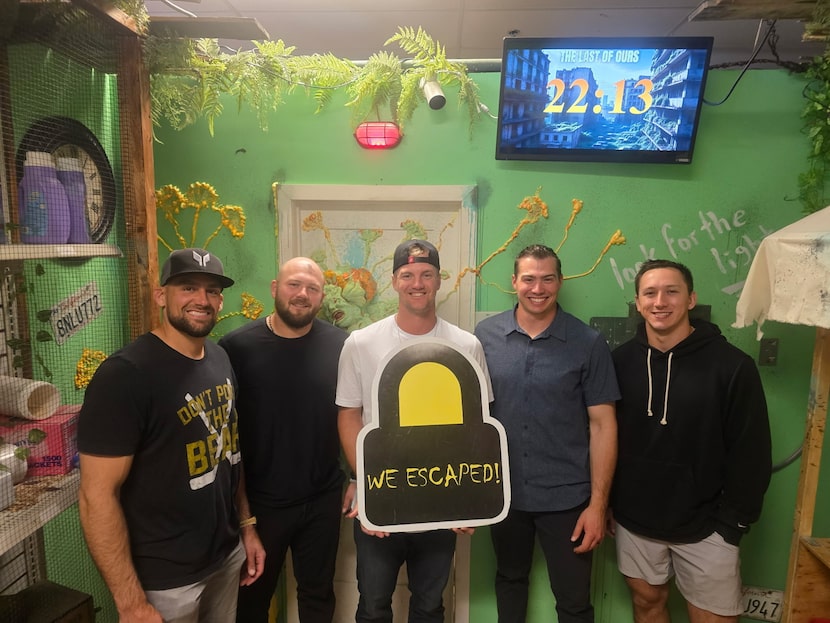 From left to right, Texas Rangers players Nathan Eovaldi, Jake Burger, Josh Jung, Walter...