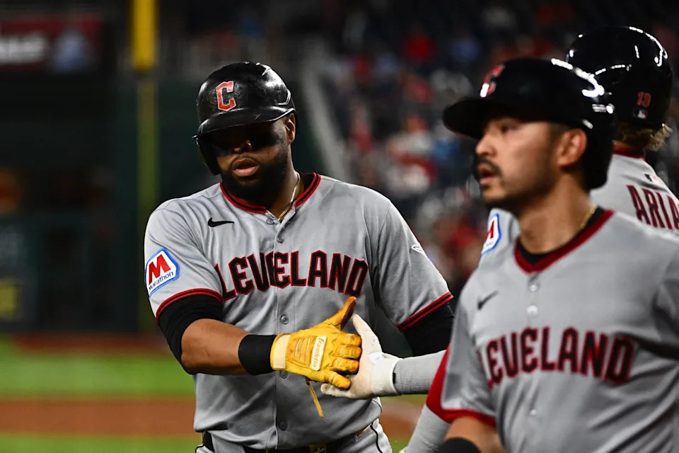 May 6, 2025; Washington, District of Columbia, USA; Cleveland Guardians first baseman Carlos Santana (41) celebrates hitting a three-run home run during the sixth inning against the Washington Nationals at Nationals Park.
