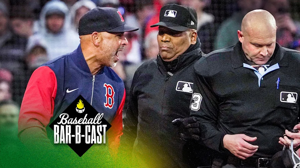 Boston Red Sox manager Alex Cora was ejected after arguing a call with home plate umpire Mike Estabrook (83) during the third inning. The Boston Red Sox host the New York Mets on Tuesday, May 20, 2025 at Fenway Park in Boston, MA. (Photo by Barry Chin/The Boston Globe via Getty Images)