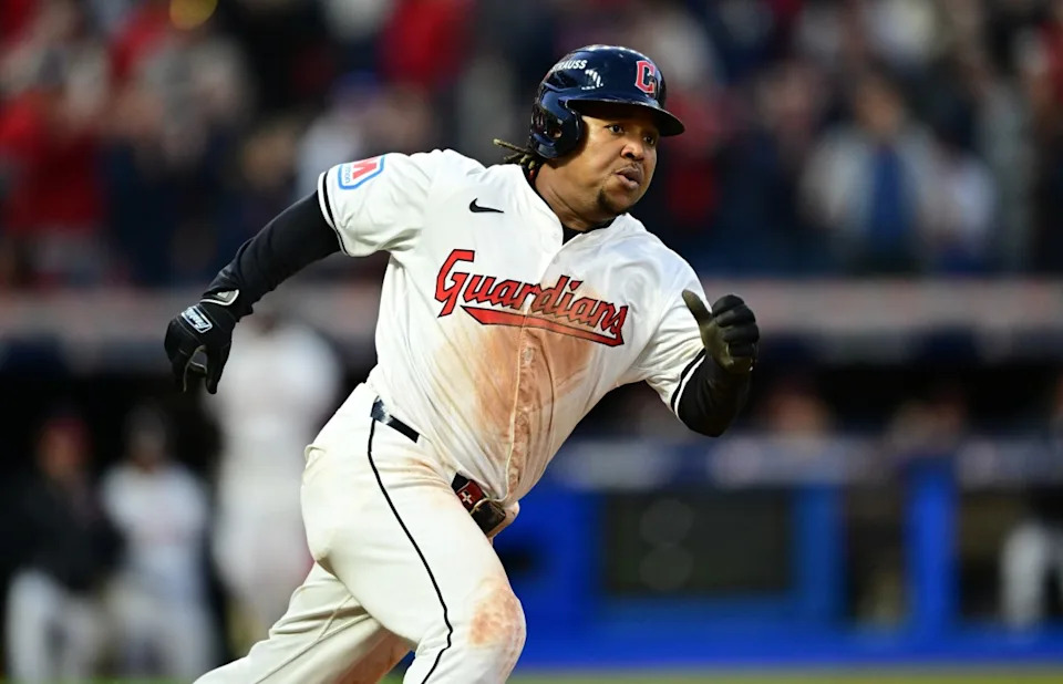 Cleveland Guardians third baseman José RamÃrez bolts out of the batter’s box on his way to a double against the New York Yankees in Game 3 of the ALCS at Progressive Field on Oct. 17, 2024.David Dermer-Imagn Images