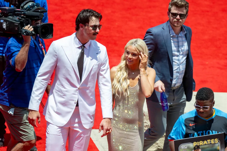 Paul Skenes walks the red carpet with his girlfriend LSU gymnast Olivia Livvy Dunne before the 2024 MLB All-Star game at Globe Life Field.Jerome Miron-Imagn Images