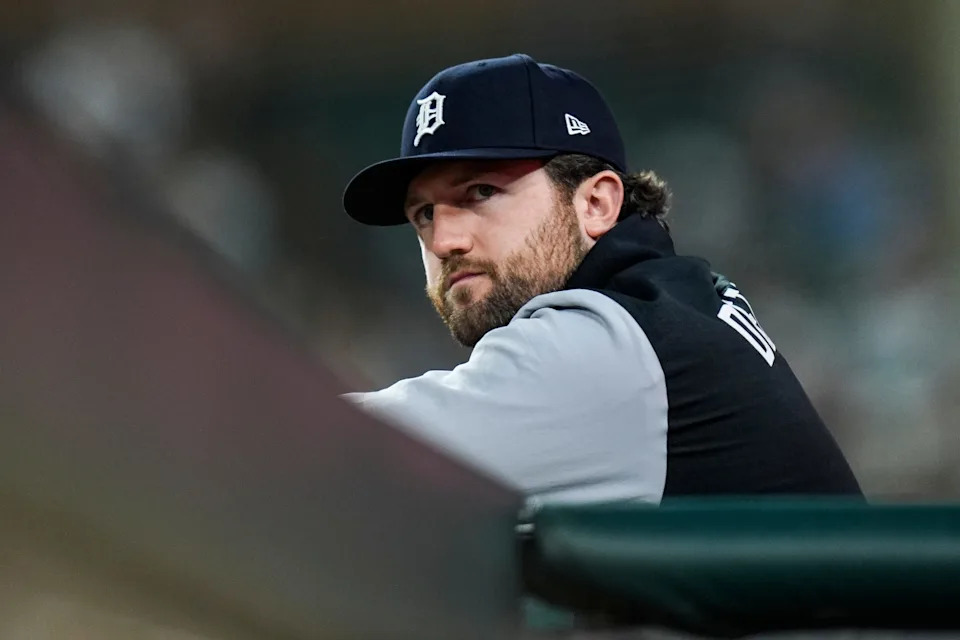 Detroit Tigers pitcher Casey Mize (12) watches a play against Kansas City Royals from the dugout during the sixth inning at Comerica Park in Detroit on Thursday, April 17, 2025.
