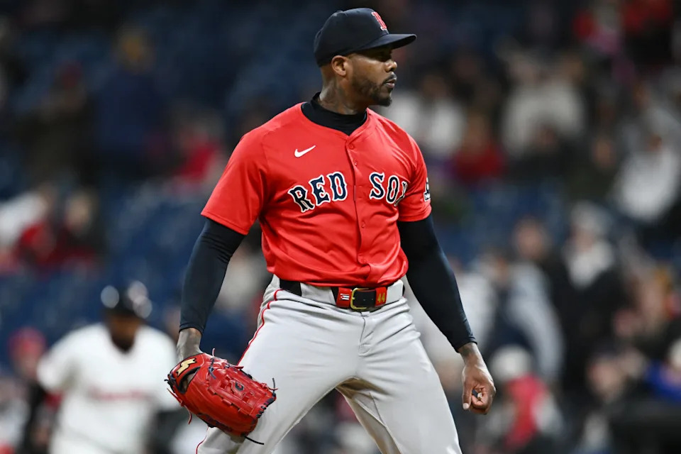 Boston Red Sox relief pitcher Aroldis Chapman (44) reacts during the ninth inning against the Cleveland Guardians at Progressive Field.Ken Blaze-Imagn Images