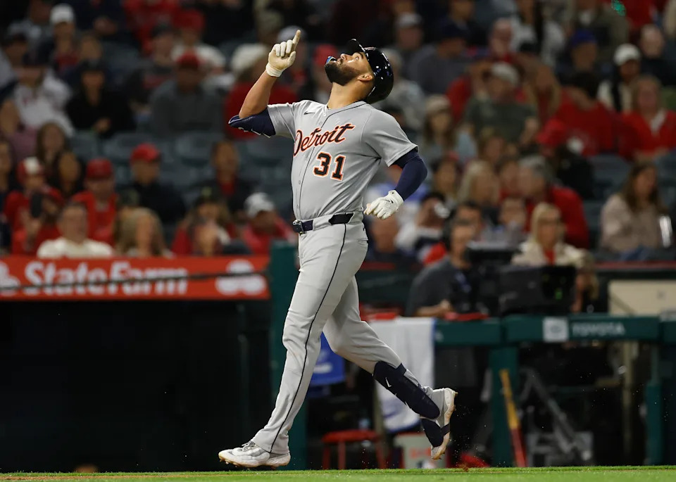 ANAHEIM, CALIFORNIA - MAY 02:  Riley Greene #31 of the Detroit Tigers celebrates a home run against the Los Angeles Angels in the ninth inning at Angel Stadium of Anaheim on May 02, 2025 in Anaheim, California. (Photo by Ronald Martinez/Getty Images)