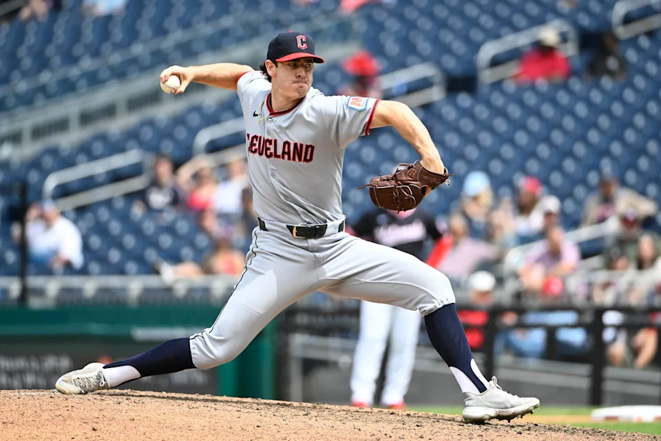 May 7, 2025; Washington, District of Columbia, USA; Cleveland Guardians relief pitcher Matt Festa (52) throws to the Washington Nationals during the seventh inning at Nationals Park. Mandatory Credit: Brad Mills-Imagn Images