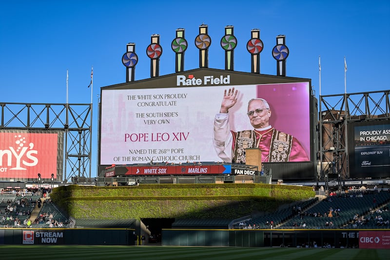 A congratulatory message for Pope Leo XIV on the big screen at Rate Field, home of the Chicago White Sox. Photograph: Abigail Dean/Getty Images