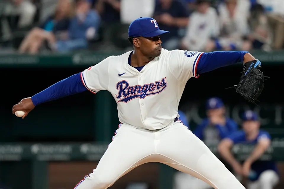Apr 17, 2025; Arlington, Texas, USA; Texas Rangers starting pitcher Kumar Rocker (80) delivers a pitch to the Los Angeles Angels during the fifth inning at Globe Life Field. Mandatory Credit: Jim Cowsert-Imagn Images© Jim Cowsert-Imagn Images