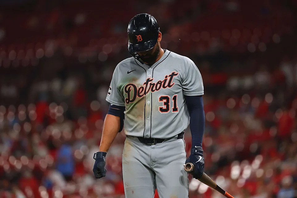 Riley Greene of the Detroit Tigers returns to the dugout after striking out against the St. Louis Cardinals in the seventh inning at Busch Stadium on Monday, May 19, 2025 in St Louis.
