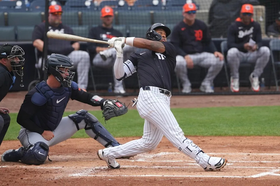 New York Yankees infield prospect Jorbit Vivas hits a double during spring training at George M. Steinbrenner Field.© Dave Nelson-Imagn Images