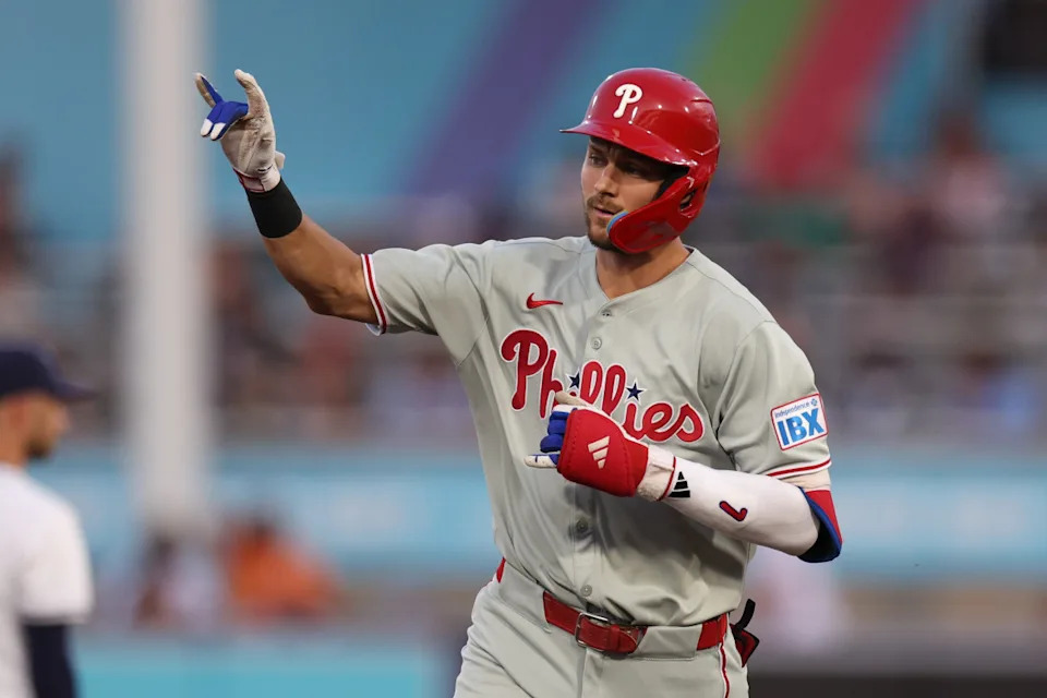 Philadelphia Phillies shortstop Trea Turner (7) runs the base after hitting a home run against the Tampa Bay Rays in the third inning at George M. Steinbrenner Field.Nathan Ray Seebeck-Imagn Images