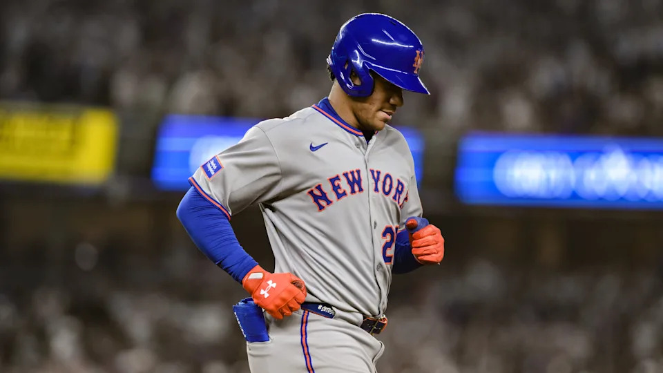 May 16, 2025; Bronx, New York, USA; New York Mets outfielder Juan Soto (22) reacts after grounding out against the New York Yankees during the seventh inning at Yankee Stadium. Mandatory Credit: John Jones-Imagn Images