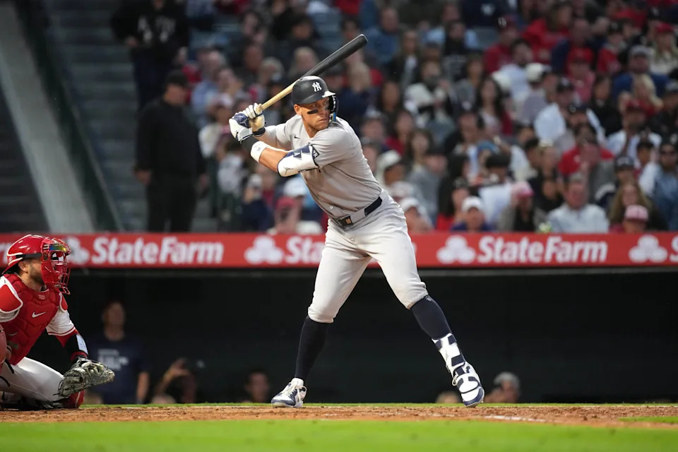 May 28, 2025; Anaheim, California, USA; New York Yankees designated hitter Aaron Judge (99) bats in the fifth inning against the Los Angeles Angels at Angel Stadium. Mandatory Credit: Kirby Lee-Imagn Images