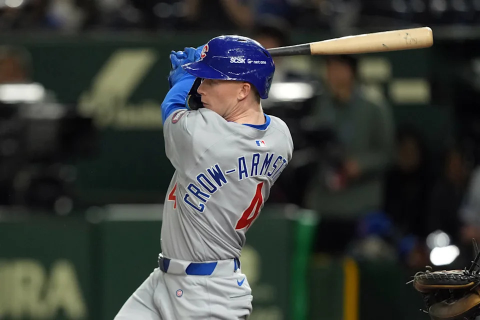 Chicago Cubs center fielder Pete Crow-Armstrong (4) bats against the Los Angeles Dodgers during the second inning during the Tokyo Series at Tokyo Dome.Darren Yamashita-Imagn Images
