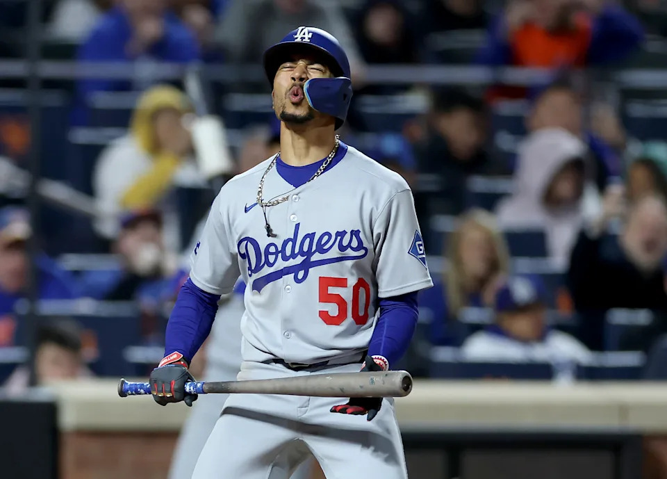 NEW YORK, NEW YORK - MAY 24:  Mookie Betts #50 of the Los Angeles Dodgers reacts after he struck out against the New York Mets at Citi Field on May 24, 2025 in the Flushing neighborhood of the Queens borough of New York City. The New York Mets defeated the Los Angeles Dodgers 5-2. (Photo by Elsa/Getty Images)