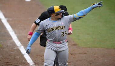 Milwaukee Brewers' William Contreras (24) points toward the stands after hitting a solo home run during the fourth inning of a baseball game against the Tampa Bay Rays, Sunday, May 11, 2025, in Tampa, Fla. (AP Photo/Phelan M. Ebenhack)