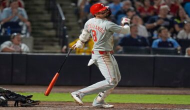 Philadelphia Phillies' Nick Castellanos (8) watches his three-run home run off Tampa Bay Rays pitcher Mason Englert during the eighth inning of a baseball game Tuesday, May 6, 2025, in Tampa, Fla. (AP Photo/Chris O'Meara)