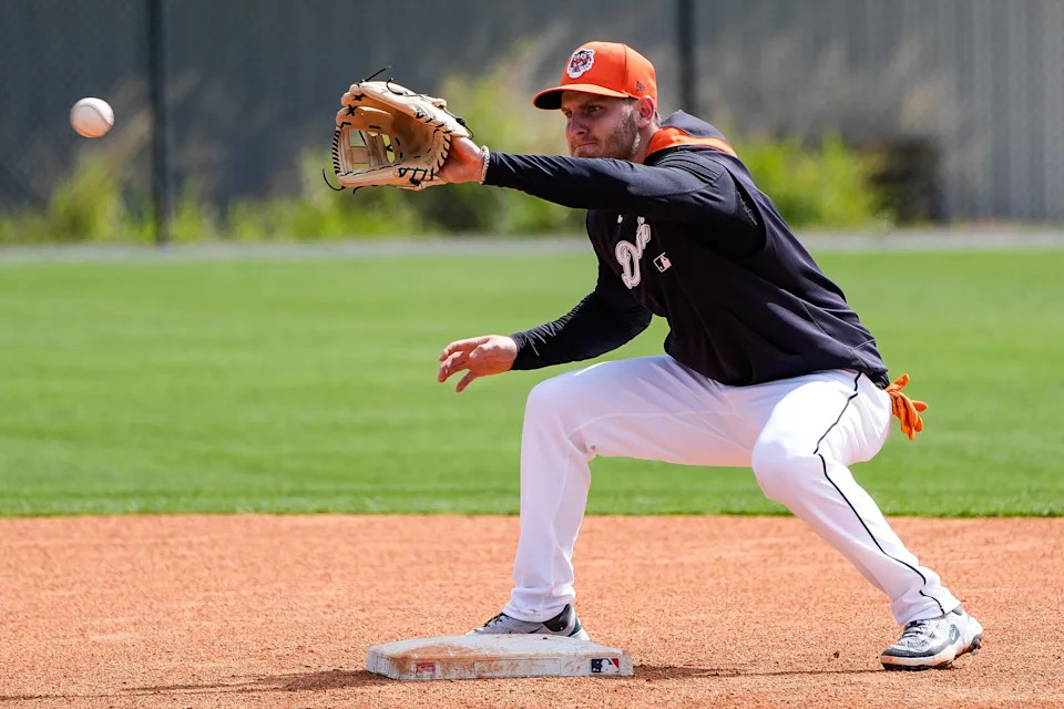 Detroit Tigers infielder Andrew Navigato practices a drill during spring training at TigerTown in Lakeland, Fla. on Tuesday, Feb. 18, 2025.