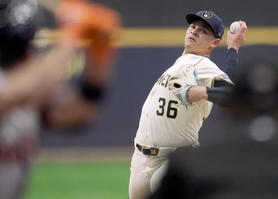 Milwaukee Brewers pitcher Tobias Myers (36) throws during the first inning of their game against the Houston Astros Monday, May 5, 2025 at American Family Field in Milwaukee, Wisconsin.



Mark Hoffman/Milwaukee Journal Sentinel