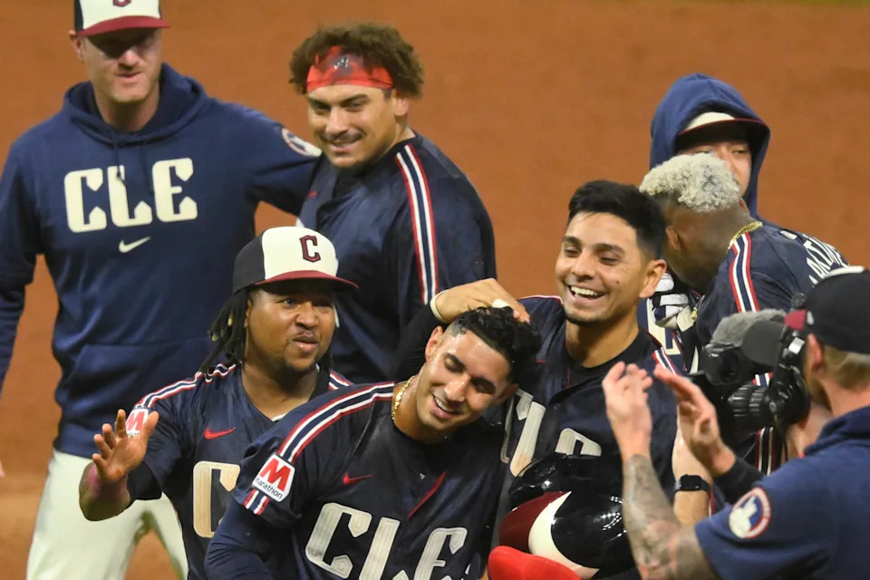 The Cleveland Guardians celebrate a win in 10 innings against the Minnesota Twins at Progressive Field.