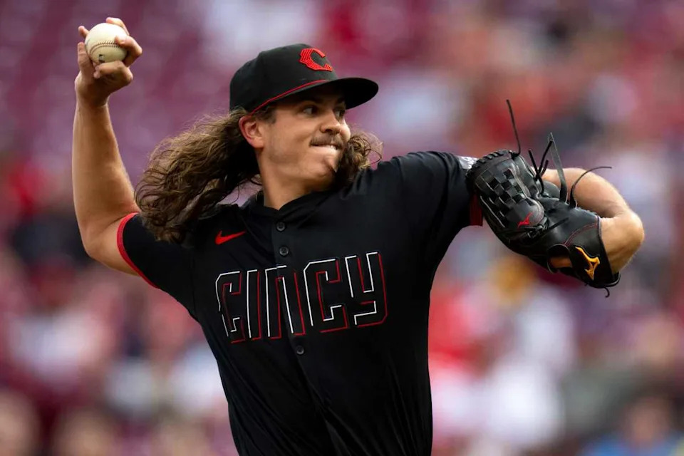 Cincinnati Reds starting pitcher Rhett Lowder (81) delivers the pitch in the first inning of the MLB game between the Cincinnati Reds and Milwaukee Brewers at Great American Ball Park in Cincinnati on Friday, Aug. 30, 2024.© Albert Cesare&sol;The Enquirer &sol; USA TODAY NETWORK