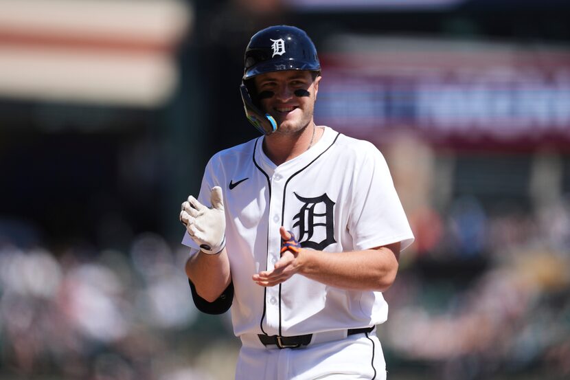 Detroit Tigers' Jace Jung reacts to his one-run single against the Baltimore Orioles in the...