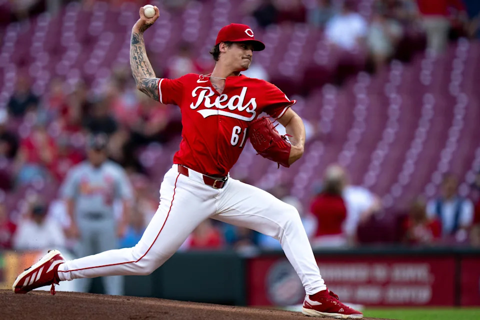 Cincinnati Reds pitcher Chase Petty delivers a pitch in the first inning of the MLB game between Cincinnati Reds and St. Louis Cardinals at Great American Ball Park in Cincinnati on Wednesday, April 30, 2025.