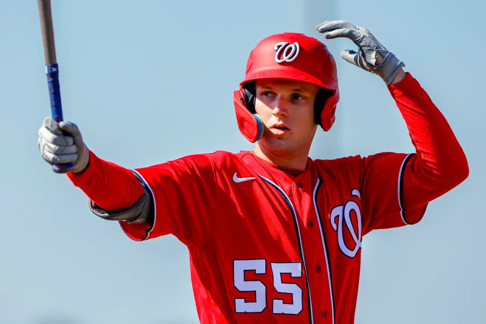 Washington Nationals outfielder Robert Hassell III (55) practices his swingSam Navarro-Imagn Images