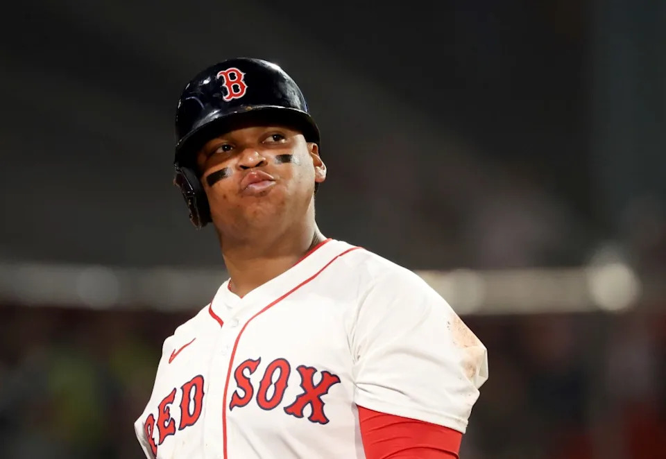 Boston Red Sox designated hitter Rafael Devers reacts after striking out during the eighth inning of a baseball game against the Texas Rangers, Tuesday, May 6, 2025, in Boston. AP