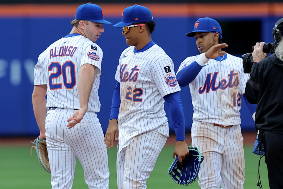 New York Mets right fielder Juan Soto (22), first baseman Pete Alonso (20) and shortstop Francisco Lindor (12).Brad Penner-Imagn Images