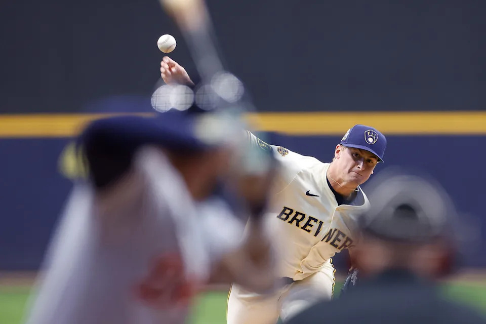 MILWAUKEE, WISCONSIN - APRIL 15: Quinn Priester #46 of the Milwaukee Brewers throws a pitch in the first inning against the Detroit Tigers at American Family Field on April 15, 2025 in Milwaukee, Wisconsin. All players are wearing the number 42 in honor of Jackie Robinson Day. (Photo by John Fisher/Getty Images)