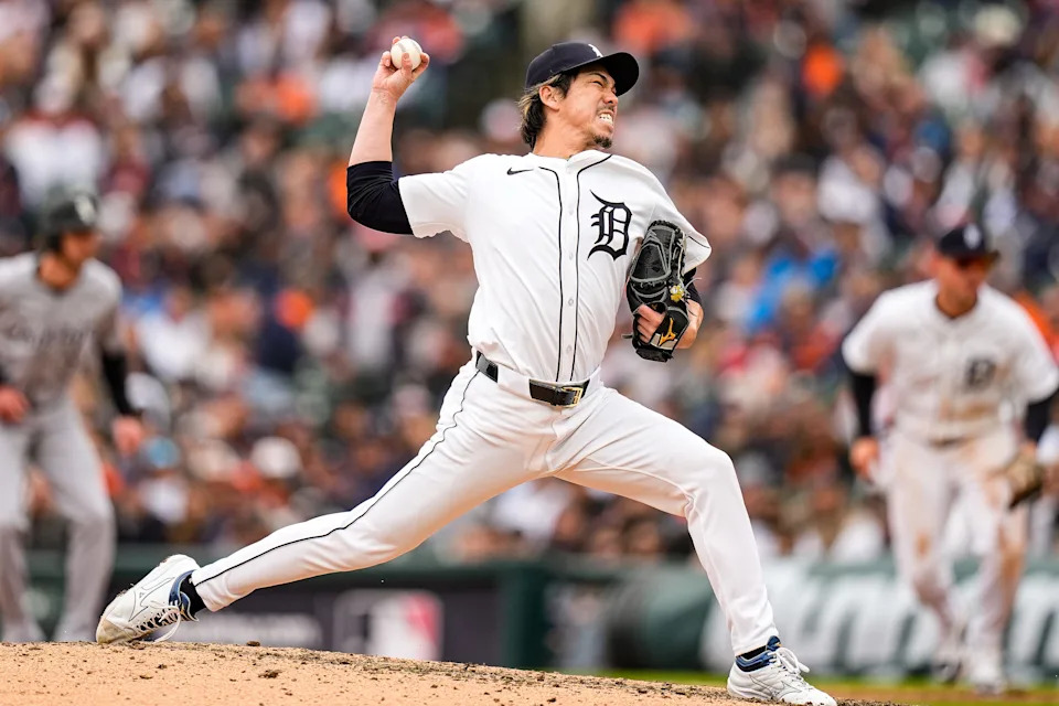 Detroit Tigers pitcher Kenta Maeda (18) delivers a pitch against Chicago White Sox during the eighth inning of home opening day at Comerica Park in Detroit on Friday, April 4, 2025.