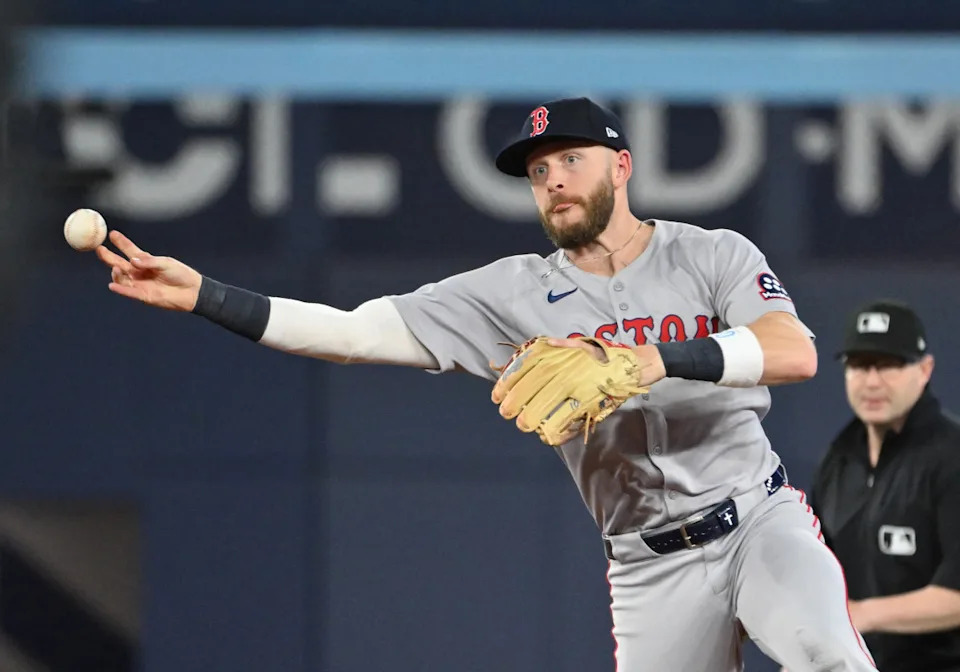 Boston Red Sox shortstop Trevor Story (10) throws out Toronto Blue Jays catcher Alejandro Kirk (not shown) in the seventh inning at Rogers Centre.Dan Hamilton-Imagn Images